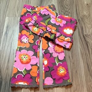 Y2K Girls Floral Ruffle Skirted Pants - Bright Pink, Brown & Orange